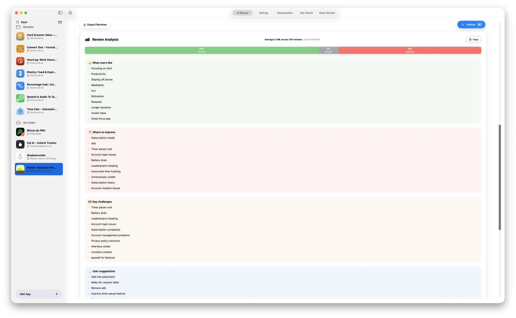 AppReview AI showing on-device review analysis
