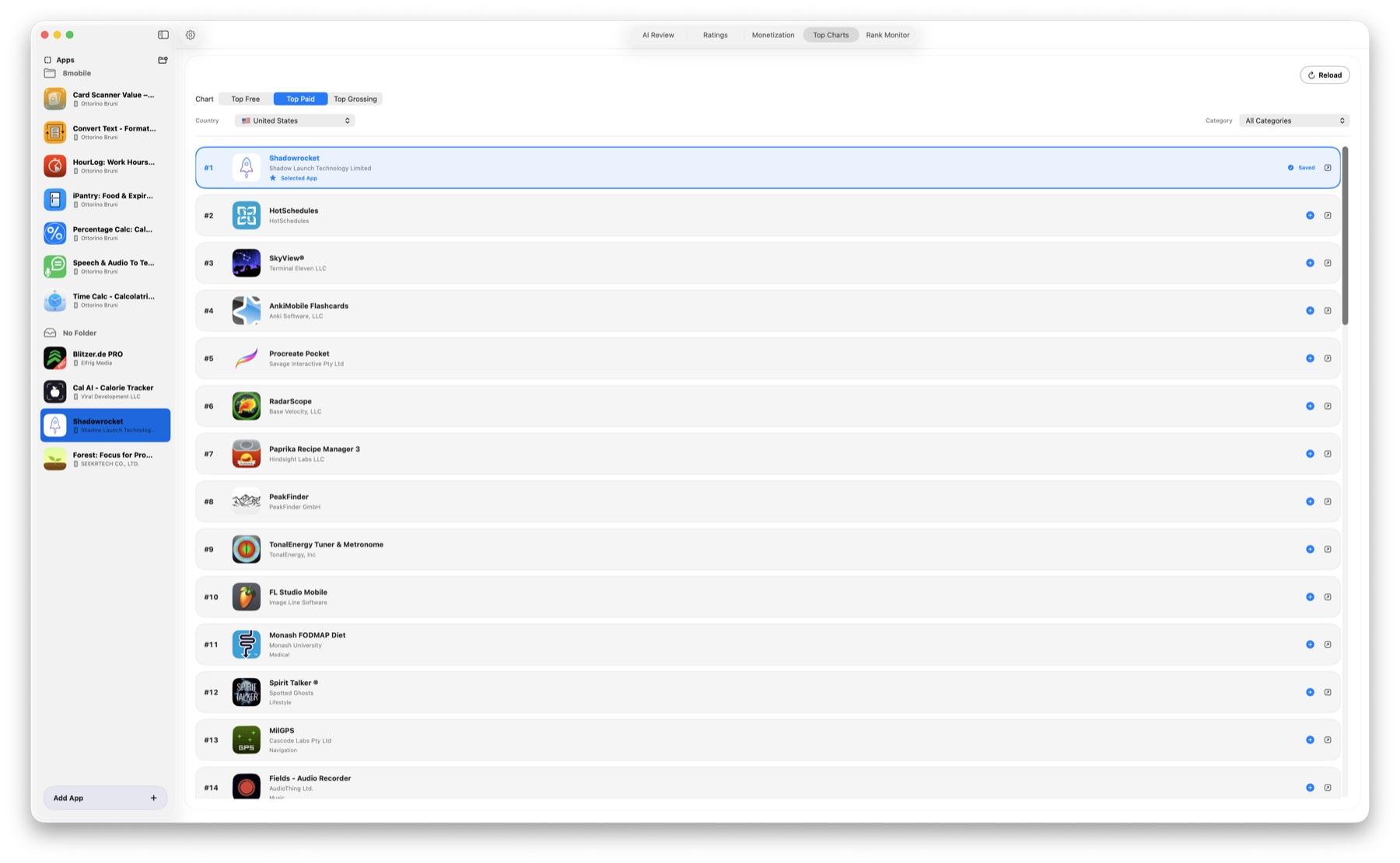 AppReview AI top charts view