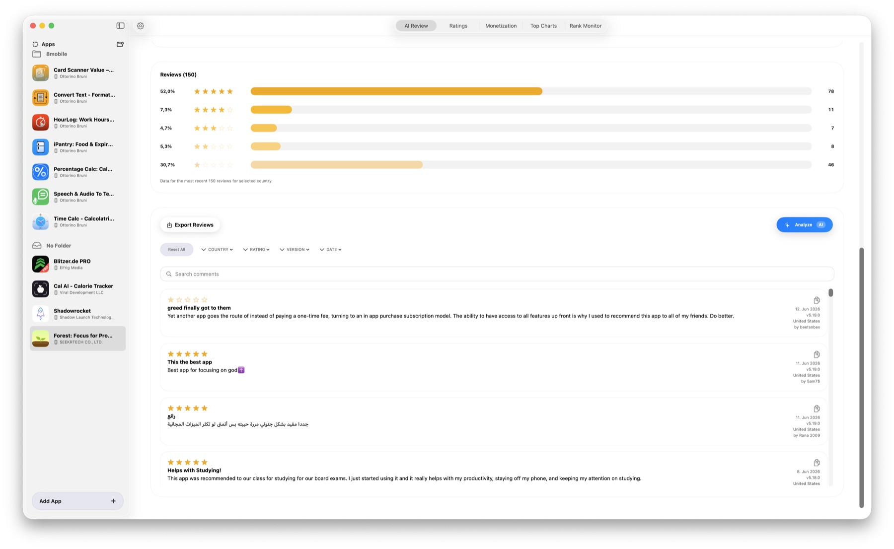 AppReview AI reviews and export view